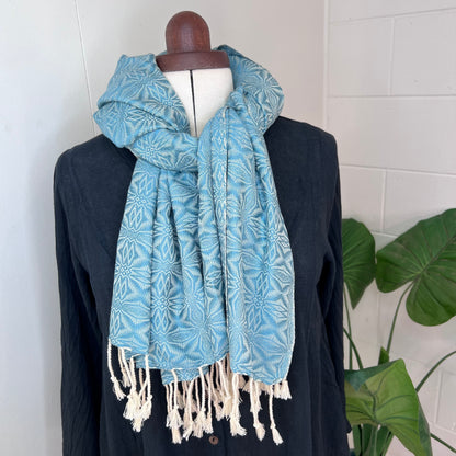 Pastel Blue, Handwoven 100% Cotton Scarf | Shawl - Spiders Patterns
