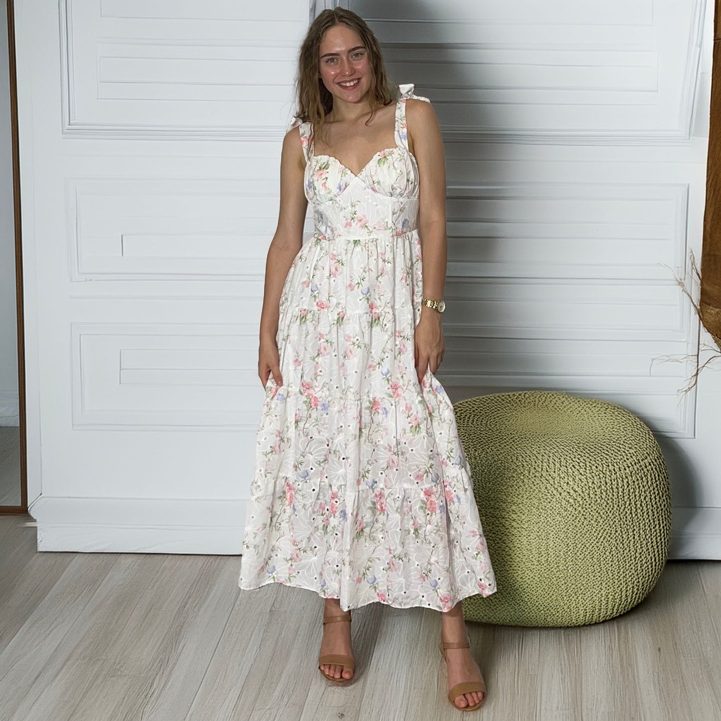 Tie Up Embroidered Midi Dress