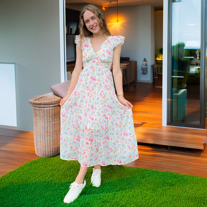 Floral Chiffon Maxi Dress for Women - V-Neck with Flutter Sleeves and Smocked Back