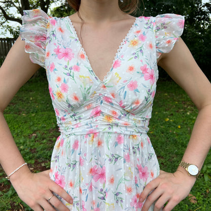 Floral Chiffon Maxi Dress for Women - V-Neck with Flutter Sleeves and Smocked Back