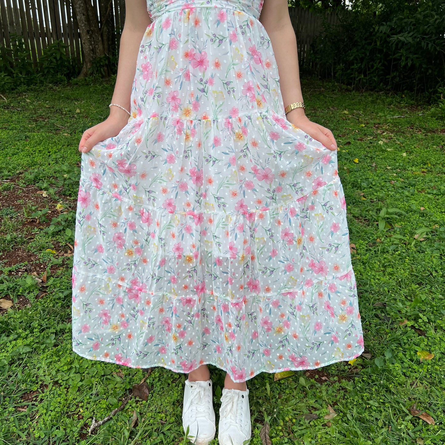 Floral Chiffon Maxi Dress for Women - V-Neck with Flutter Sleeves and Smocked Back