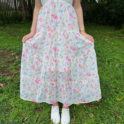 Floral Chiffon Maxi Dress for Women - V-Neck with Flutter Sleeves and Smocked Back