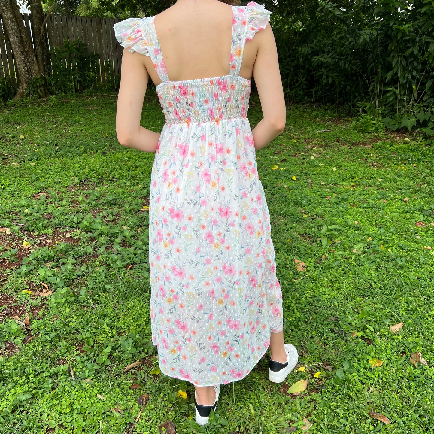 Floral Chiffon Maxi Dress for Women - V-Neck with Flutter Sleeves and Smocked Back