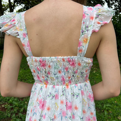 Floral Chiffon Maxi Dress for Women - V-Neck with Flutter Sleeves and Smocked Back
