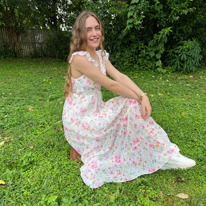 Floral Chiffon Maxi Dress for Women - V-Neck with Flutter Sleeves and Smocked Back