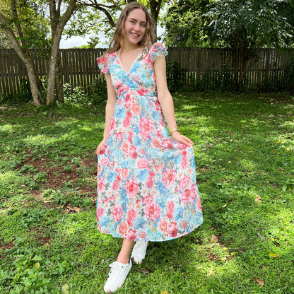 Floral Chiffon Maxi Dress for Women - V-Neck with Flutter Sleeves and Smocked Back