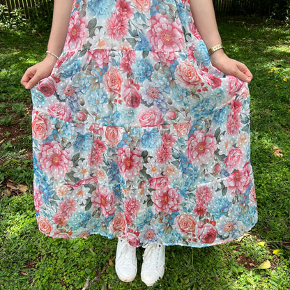 Floral Chiffon Maxi Dress for Women - V-Neck with Flutter Sleeves and Smocked Back