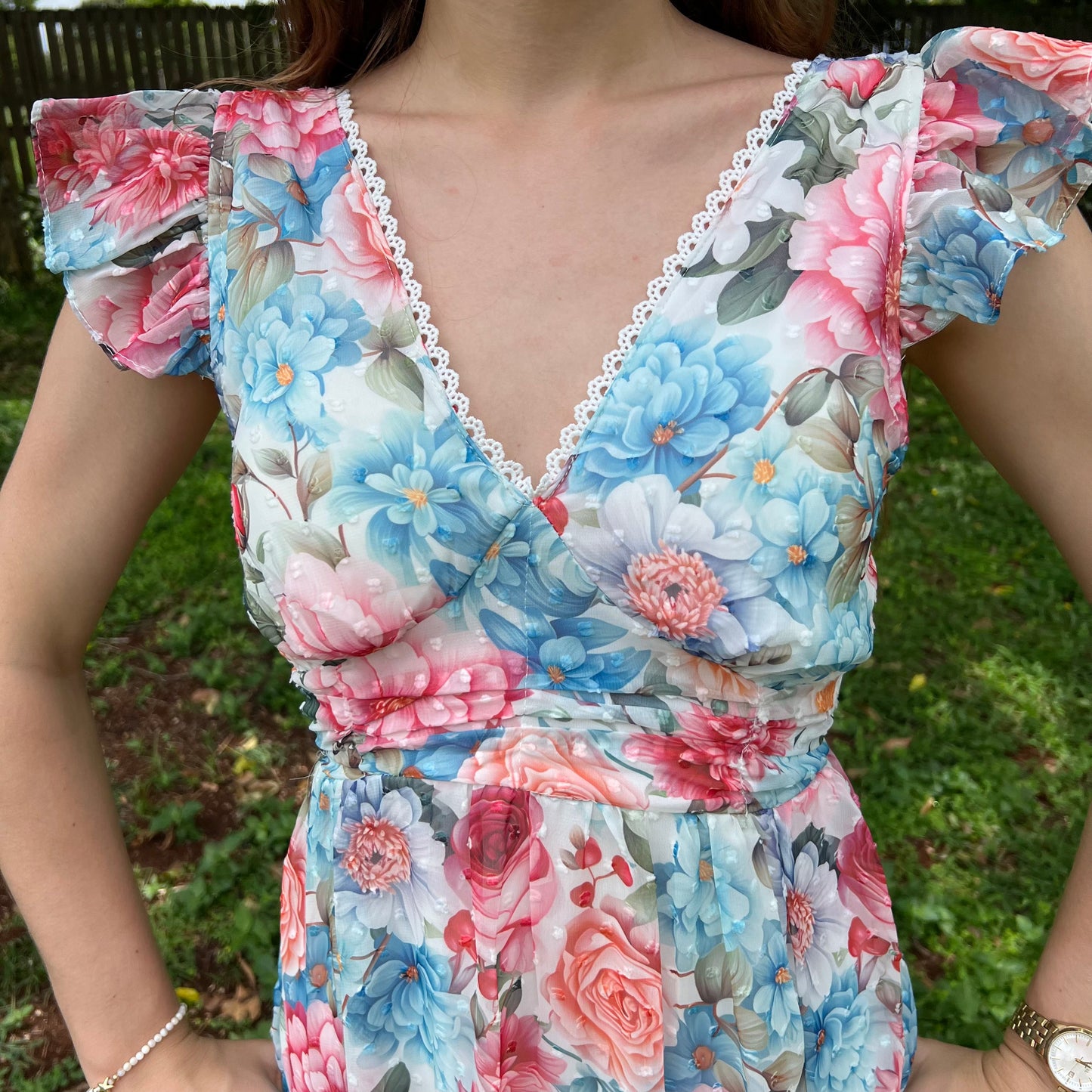 Floral Chiffon Maxi Dress for Women - V-Neck with Flutter Sleeves and Smocked Back