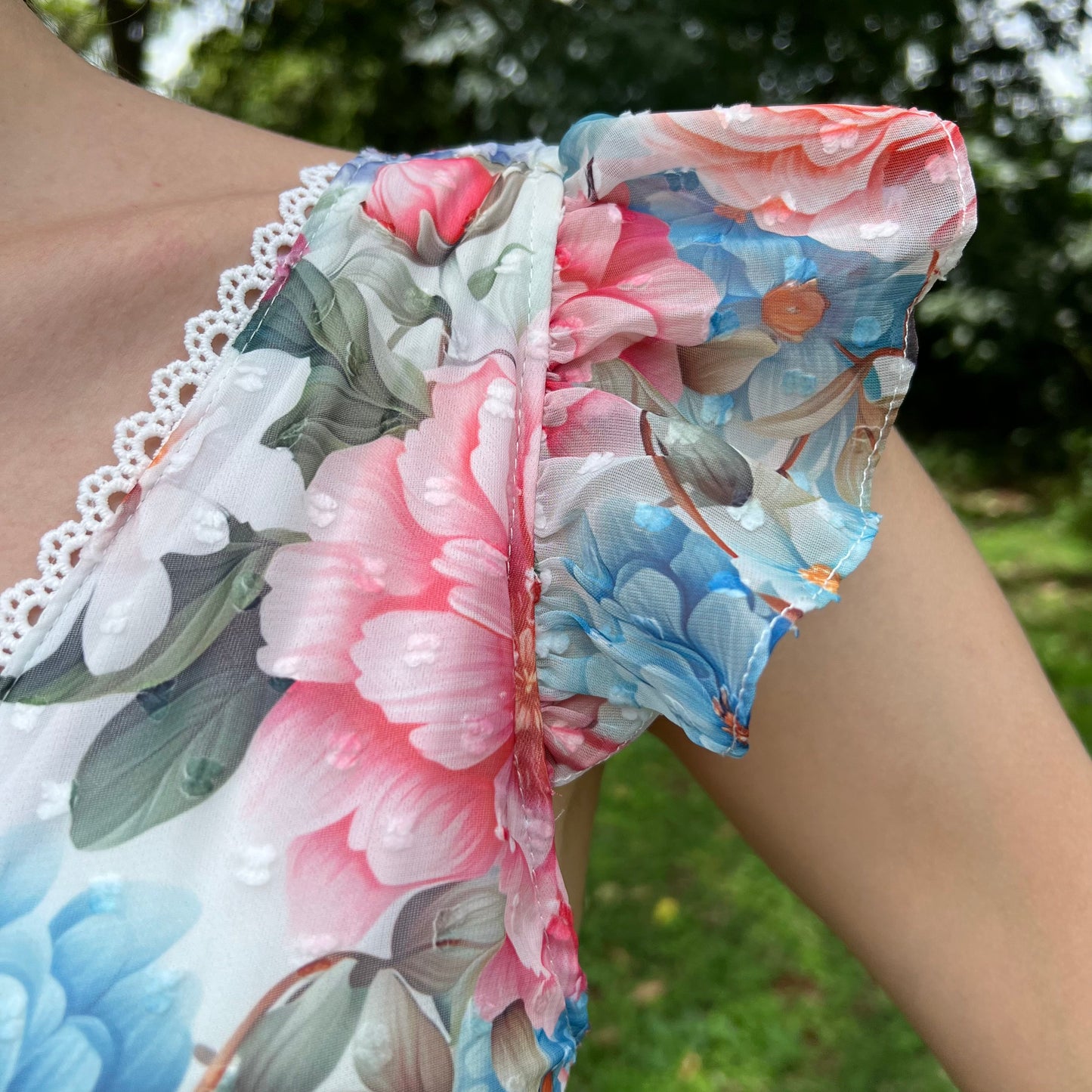 Floral Chiffon Maxi Dress for Women - V-Neck with Flutter Sleeves and Smocked Back