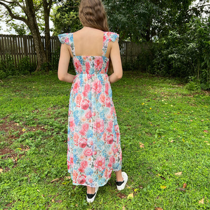 Floral Chiffon Maxi Dress for Women - V-Neck with Flutter Sleeves and Smocked Back
