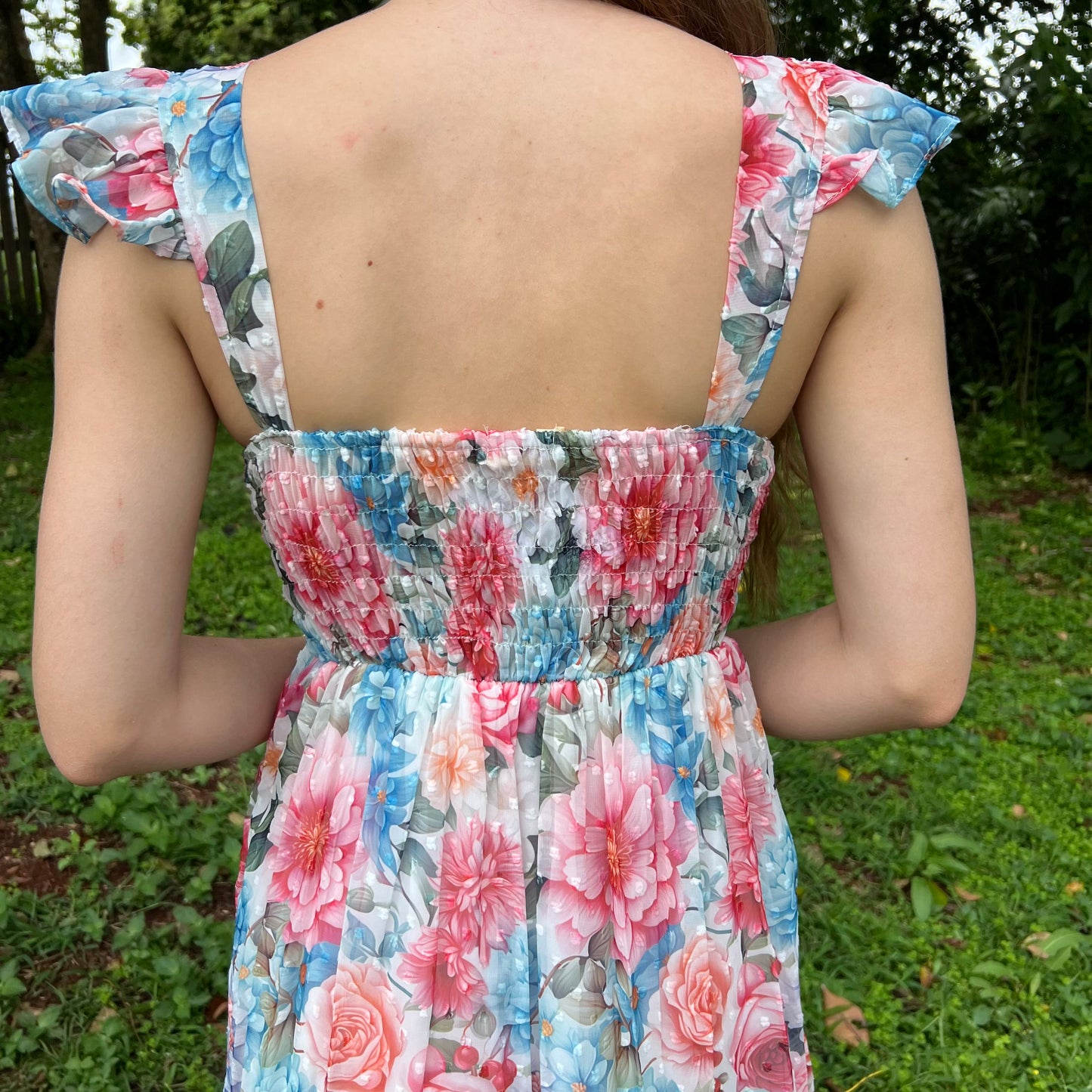 Floral Chiffon Maxi Dress for Women - V-Neck with Flutter Sleeves and Smocked Back