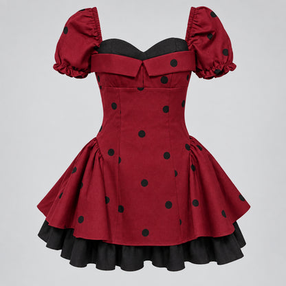 Burgundy Polka Dot Puff Sleeve Mini Dress