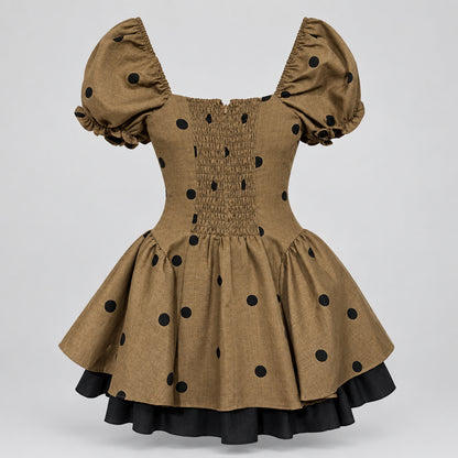 Mocha Polka Dot Puff Sleeve Mini Dress