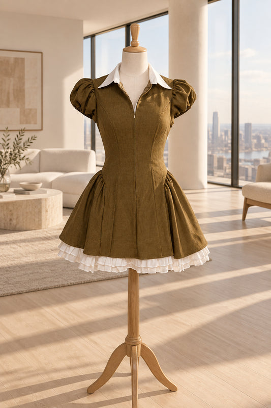 Olive Brown Contrast Collar Mini Dress