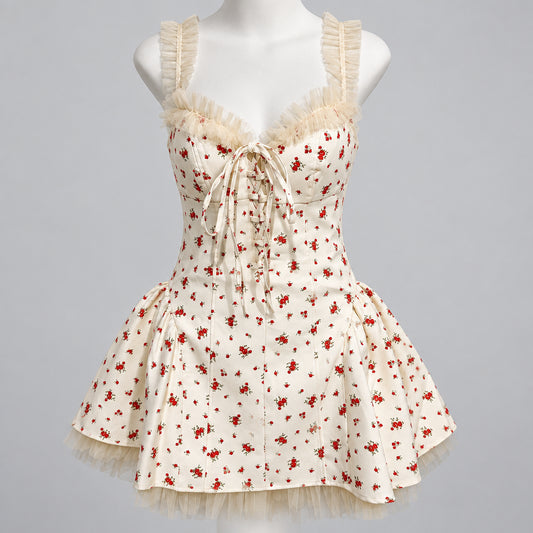 Ivory Red Rose Floral Mini Dress