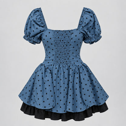 Dusty Blue Polka Dot Puff Sleeve Mini Dress