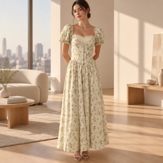 Cream rose floral long dress with eyelet embroidery, puff sleeves and a front ribbon detail