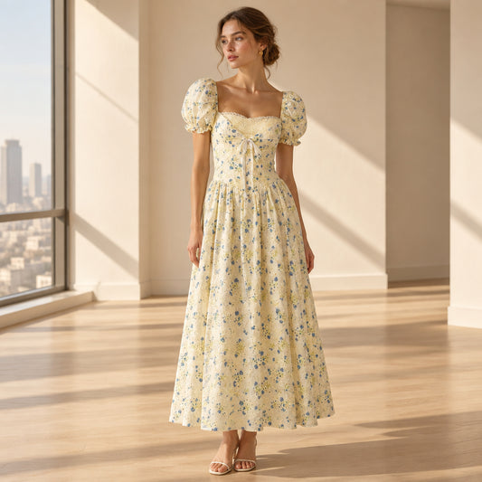 Cream blue floral midi dress with eyelet embroidery, puff sleeves and a front ribbon detail