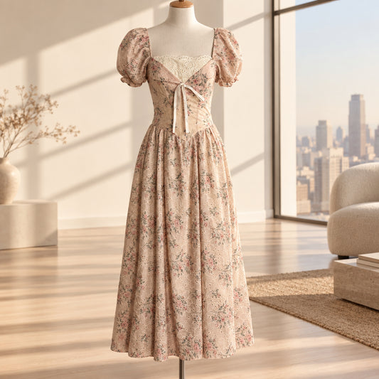 Blush pink floral long dress with eyelet embroidery, puff sleeves and a front ribbon.