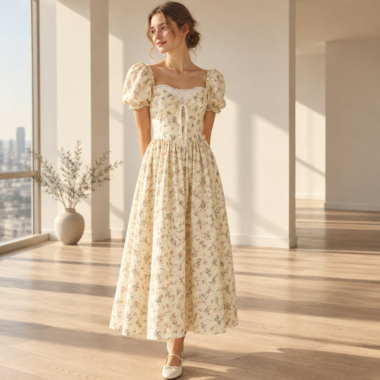 Cream long dress with small mauve flowers, eyelet embroidery and puff sleeves.