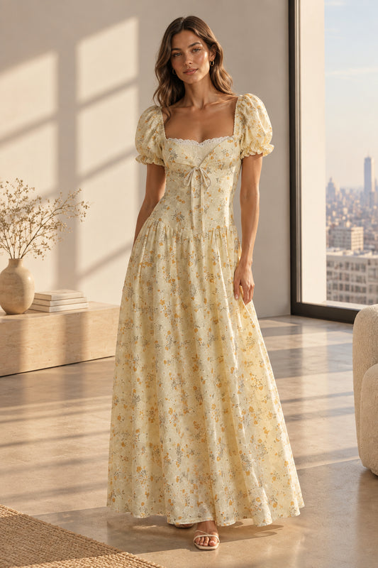 Cream long dress with golden yellow flowers, eyelet embroidery and puff sleeves.