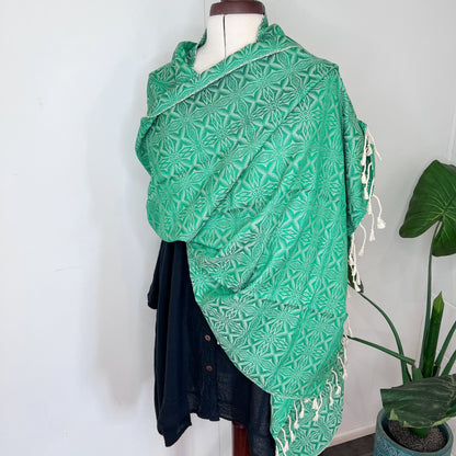 Green, Handwoven 100% Cotton Scarf | Shawl - Spiders Patterns