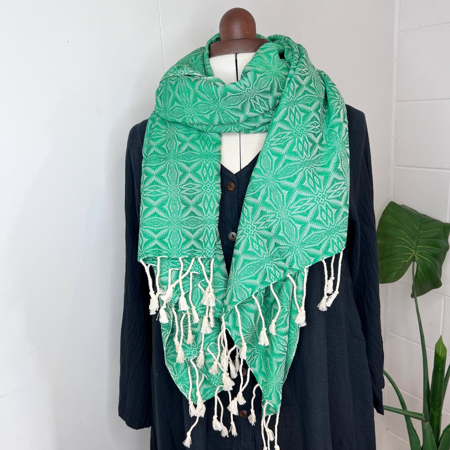 Green, Handwoven 100% Cotton Scarf | Shawl - Spiders Patterns