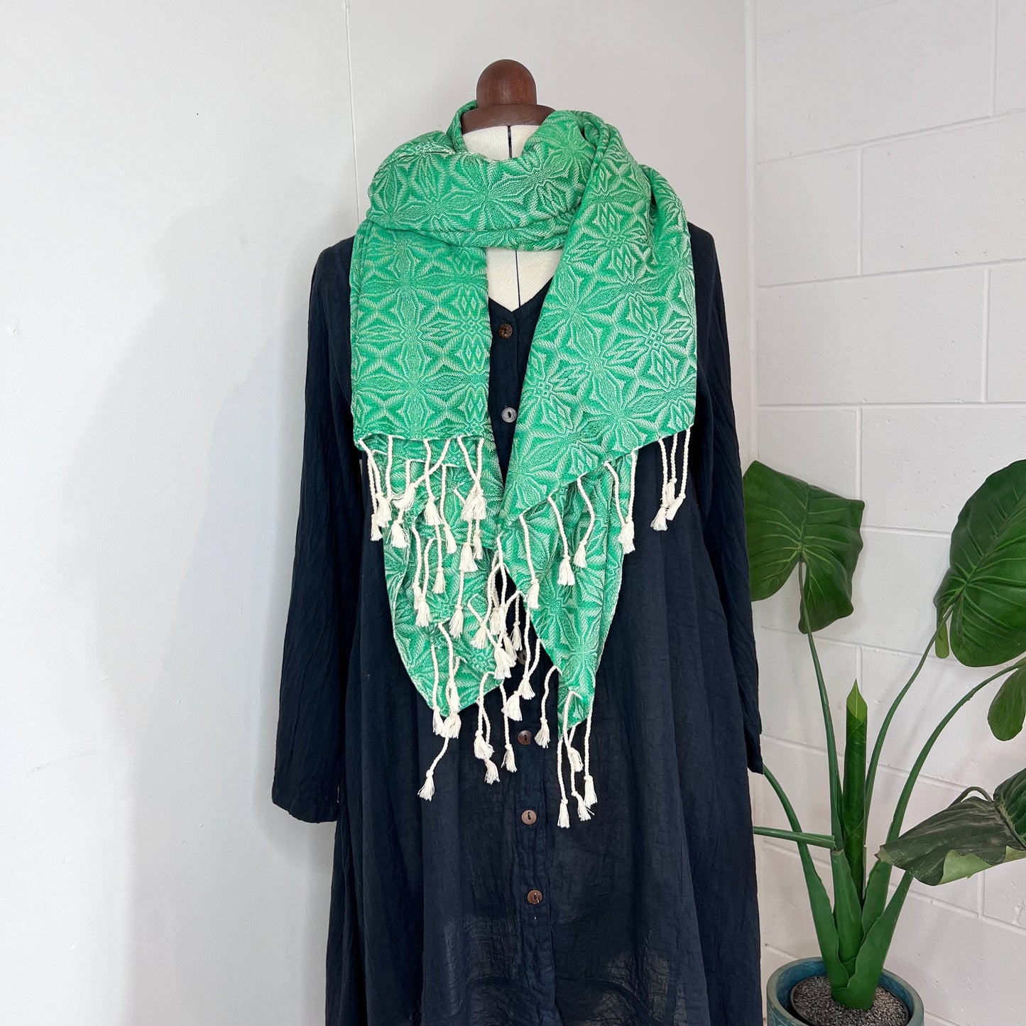Green, Handwoven 100% Cotton Scarf | Shawl - Spiders Patterns