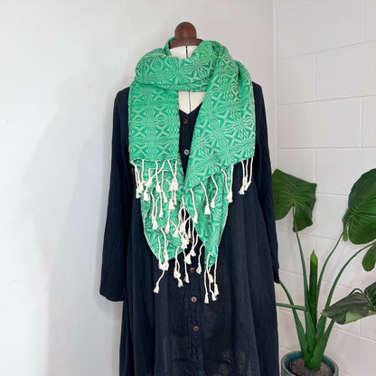 Green, Handwoven 100% Cotton Scarf | Shawl - Spiders Patterns